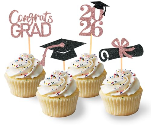 24 Stück Glitzer 2026 Graduation Cupcake Toppers, Abschlussfeier Cupcake toppers, Bachelor Hut Deko, Abschluss Deko für Graduation Abschlussparty Dekoration (schwarz & rosegold 1)