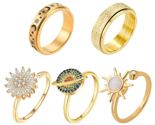 MLPKOI 5 Pezzi Anello Antistress Donna, Set Anelli Donna Impilabili Girevoli, Anelli Anti Stress, Ansia Spinner Fidget Anello per Donne Ragazza Uomini (Oro)