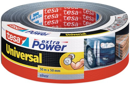 tesa Cinta Adhesiva Universal Extra Power - Celo Adhesivo con Fijación Extra Fuerte - Cinta Multiusos Versátil para Reparaciones, Fijación, Sellado y Más - Gris - 1 Rollo - 50 m x 50 mm
