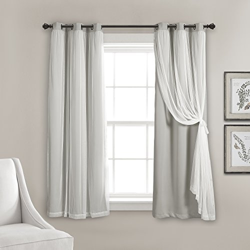 Lush Decor Sheer Grommet Curtains Panel with Insulated Blackout Lining, Room Darkening Window Curtain Set (Pair), 38 W x 63 L, Light Gray