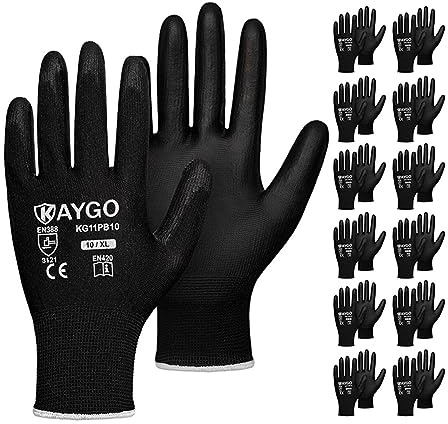KAYGO Work Gloves for Men and Women,12 Pairs Seamless Knit PU Coated Safety Gloves, with Smooth Grip on Palm and Fingers, Ideal for Light Warehouse, Manufacturing, Gardening, KG11P (XL, Black)