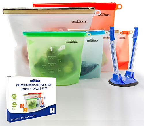 Reusable Silicone Food Storage Bags [7 Set] | [4 x 1000ml + 2 x 1500ml + Bonus Bag Rack Holder] | Freezer, Microwave & Dishwasher Safe | for Soups, Sandwiches + More | by Kitchen Elements