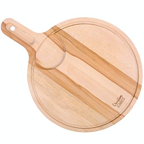 Creative Home Tagliere da Cucina in Legno Rotondo | 40 x 30 x 1.5 cm | Per Aperitivo Pizza Pane Formaggi | Manico. Scanalatura per Succo e Spazio per Ciotola | Legno di Faggio Naturale | Reversibile