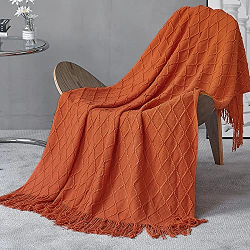 LumiSyne Knitted Throw Blanket With Tassel Solid Color Geometric Plaid Pattern Cozy Couch Cover Soft Bedspread Decorative Blanket For Sofa Bed Settee 170x130cm