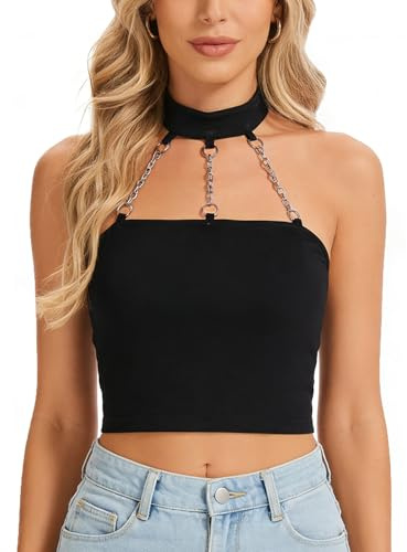 DINGJIUYAN Tops Gothiques à Épaules Dénudées Noires avec Chaîne Métallique Punk et Patchwork, XL