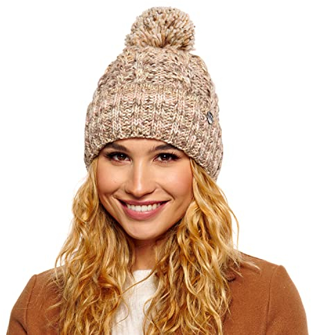 ELIMELI Damen Winter Mütze warme Strickmütze Wintermütze mit Bommel Slouch Beanie Damen für Winter Bommelmütze Hergestellt in EU Farbenauswahl 19005 (Beige Multicolor)