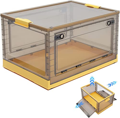 BTGGG Collapsible Storage Box Large 42L Stackable Clear Plastic Wardrobe Storage Box Organizer 49 * 35 * 25cm, 3 Sides Openable for Easy Access, Folding Containers Bin for Books Toys Clothes(Yellow)