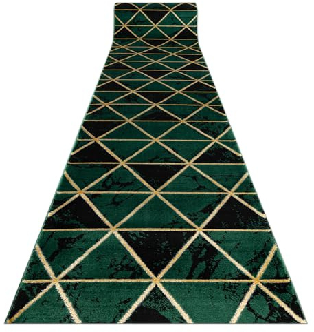 rugsx Tapis de Couloir Emerald Exclusif 1020 Glamour, Marbre, élégant, Triangles pour Chambres, couloirs, entrées Vert Bouteille/Or 80x200 cm