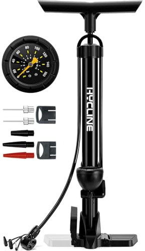 Hycline Bike Floor Pump with Gauge: 160 PSI High Pressure Bicycle Pumps - Durable Air Pump Fits Presta & Schrader Valve - Inflator for Road MTB Tire, Ball, Balloon, Inflatables - Black