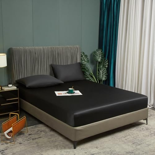 Drap-housse en bambou 180 x 200 cm, noir, rafraîchissant, respirant et anti-allergique, 180 x 200 cm, lit double uni, pour matelas haut jusqu'à 25-30 cm