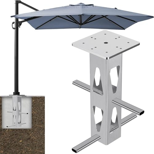 Dolibest In-Ground Parasol Base, Universal Umbrella Ground Anchor Offset Cantilever Pole In Ground Mount Plate Heavy Duty Patio Sun Umbrella Stand Holder w/ 2 Tubes for Outdoor Garden Yard Balcony