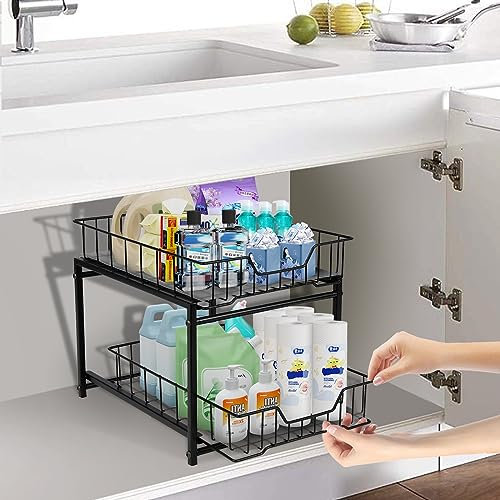 NEWHEY Organizer da cucina con 2 ripiani, organizzatore per cucina, bagno, detergenti, detersivo (nero)