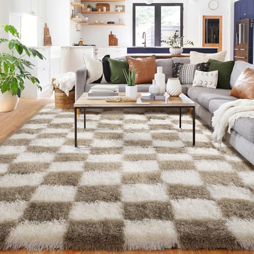 BYBSRLL Rutiga mattor, 240 x 300 cm beige och vit fluffig vardagsrumsmatta, hög lugg, stor tvättbar sovrumsdekoration, flickor, pojkar, ungdomsrum, barnmatta, sängsmatta
