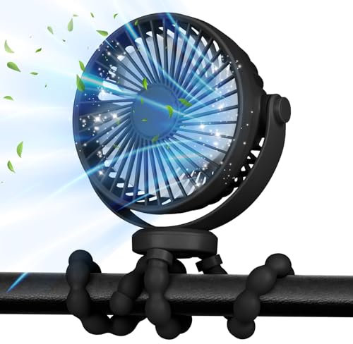 POPERFUN Ventilador Portátil para Cochecito 5200mAh 40 Horas, Ventilador Carrito Bebe con Batería, 360°Rotación,3 Velocidade Ventilador USB para Cochecito, Cuna,Oficina, Viaje (Negro)