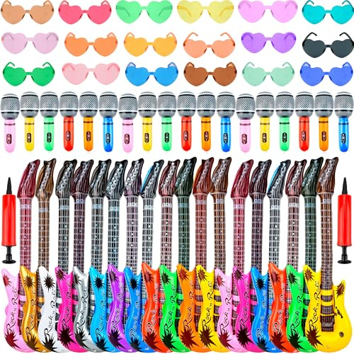 Octaday El juego de 56 juguetes inflables de estrella de rock incluye 18 micrófonos inflables, 18 guitarras inflables, 18 lentes de sol coloridos en forma de corazón y 2 bombas de aire para recuerdos