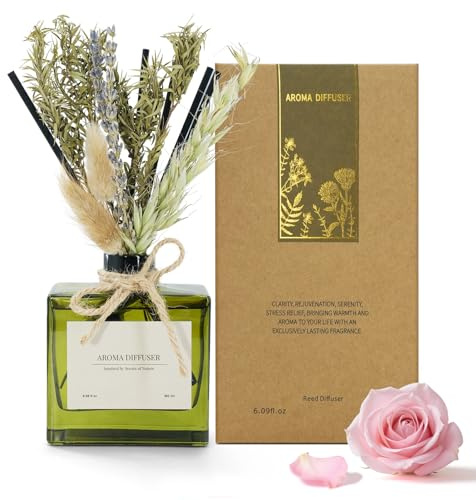Saussavita Blume Raumduft Diffuser für 120 Tage, Aroma Diffuser Sandelholz Rose Duft mit 7 Duftstäbchen, Natürlich Langanhaltend Lufterfrischer für die Schlafzimmer, Schilfstäbchen für stilvolles