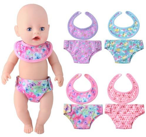 4 Puppenwindeln 4 Puppenlätzchen für 30-43 cm Puppen (12-18), Bunt Puppenzubehör, Nettes Muster, Selbstklebendes Design, Wiederverwendbar, Puppen Windel Lätzchen Set