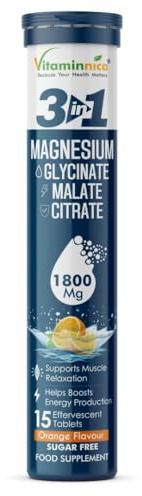Vitaminnica Magnesium 3-in-1 Effervescent- 15 Tablets – High Absorption Magnesium Malate, Citrate & Glycinate – Energy, Muscle Function & Relaxation – Sugar-Free (Pack of 1, Orange)