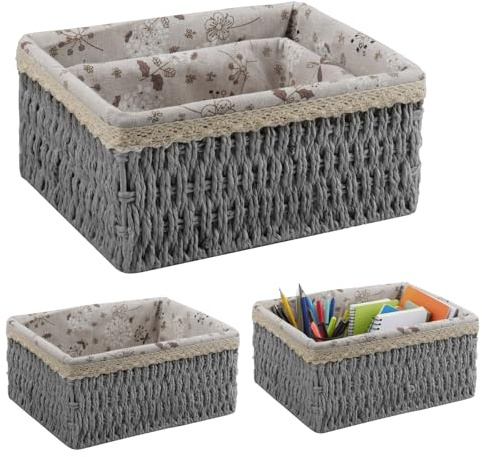 KiKiHong Aufbewahrungskörbe,3-teiliges Set Flechtkorb,Körbchen Geflochten für Zuhause,Büro,Bad & Schlafzimmer-Graue Boho-Deko (Grau)