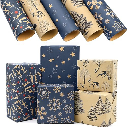 5Pack Christmas Wrapping Paper in a Roll,43 * 100cm Recyclable Wrapping Paper with 5 Different Patterns for Xmas