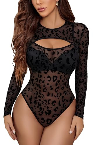 Avidlove Dam sexig body med snap crotch meshtopp långärmad topp transparent festival outfit elegant curvy