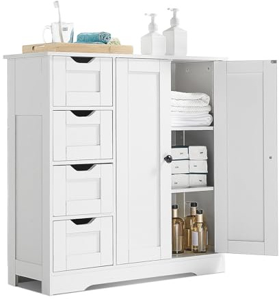 VEVOR Meuble de Salle de Bain, 3 Niveaux, Armoire de Rangement de Salle de Bain en Bois avec 2 Portes, 4 tiroirs et étagère réglable, Placard indépendant Moderne pour Cuisine, Salon, entrée, Blanc