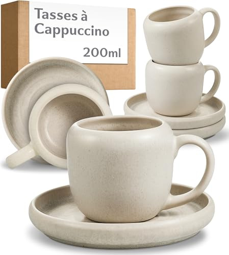 Cosumy Set di 4 Tazze da Cappuccino con Piattini Bianche – Tazza Cappuccino Bar 200 ml in Ceramica – Tazze latte per Caffe e The – Set Tazze Colazione Eleganti con Smaltatura Artigianale