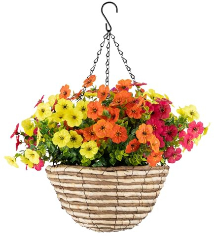 CHRISTOW Artificial Sweet Violet Hanging Basket, Woven Garden Planter with Mixed Colour Flowers, UV-Resistant PE Leaves, Pre-Fitted Triple Steel Chain with Hook, Outdoor Decoration, 25cm Diameter