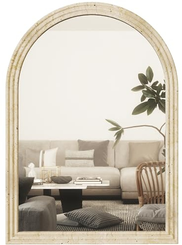 HOMCOM väggspegel 50 x 70 cm bågformad spegel med polystyrenram dekorativ hängspegel badrumsspegel för sovrum badrum vardagsrum hall beige