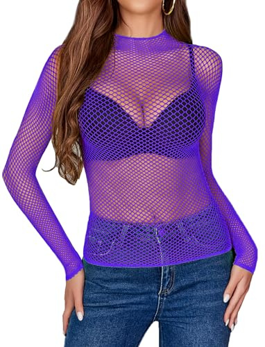 Avidlove Haut en Résille pour Femme Haut Transparent Sexy et Extensible à Manches Longues et col Montant Idéal pour Les Festivals Les Soirées et Le Streetwear | Manches longues, col montant, extensible, taille unique, tenue transparente, fête rave, superposition polyvalente