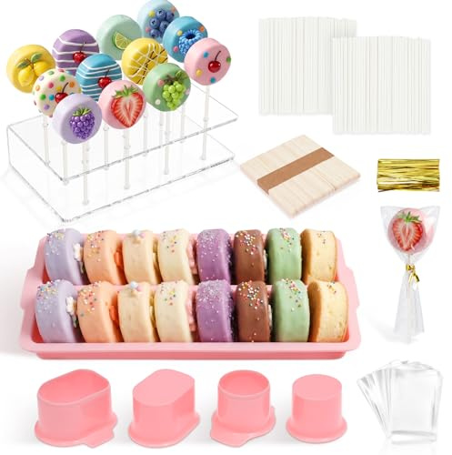 Cake Pop Mold Set, Reusable Circle Cake Pop Maker Kit (Pink) | Cakes Pops Cutter and Pusher, DIY Candy Baking Mould Kit, with Double Tray Wooden Popsicle Stick for Birthday Party Baking