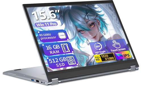 15,6 Pulgadas Ordenador Portátil 2 en 1 Pantalla Táctil, Win 11 PC Portátil con Ryzen 3 3200U procesador, Laptop 16GB RAM 512GB SSD, Computadora Portátil 360° Pantalla Táctil 1080P FHD IPS Type-C RJ45