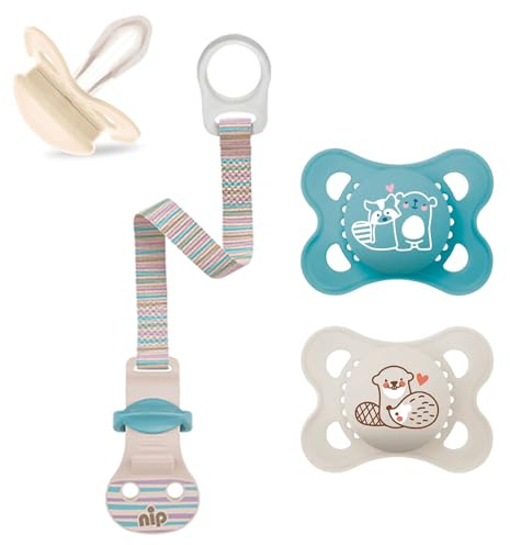MAM Silicone Original Dummy 0-6 Months Boy - Set of 2 - Includes Sterilising transport box and NIP dummy strap.
