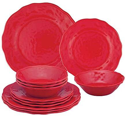 UP ware - Juego de vajilla de melamina roja de 12 piezas, juego de platos para exteriores, juegos de platos y cuencos, decoraciones navideñas, servicio para 4, rojo