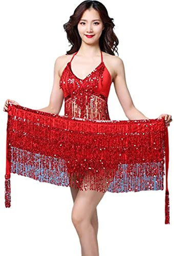 Belly Dance Skirt with Sequin Tassel, Latin Dance Hula Hip Scarf Performance Outfit for Women Girls (Red)