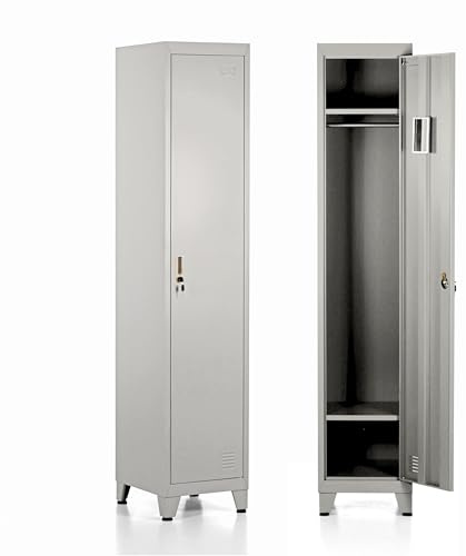 Brigros - Armadietto Metallico Multiuso, Armadio Spogliatoio Salvaspazio Con Serratura, Armadietto Vari Ripiani Con Ante In Metallo Per Ufficio O Spogliatoio (Grigio, 1 Anta)