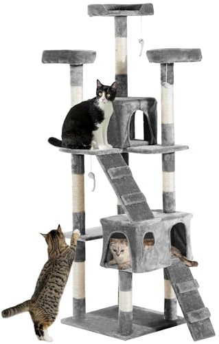 PawHut Large Cat Tree, 173 cm Cat Tower with 10 Scratching Posts, 3 Perches, 2 Condos, 1 Ramp, Kitty Climbing Tower, Activity Centre House for Indoor Kittens, Grey