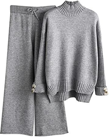 MJGkhiy Tuta Maglia Donna Completa Elegante Set Tute In Maglia Due Pezzi Set Coordinato Tuta Casual Lavorati Maglione a Maniche Lunghe Pullover Top e Pantaloni a Gamba Larga Completi Invernale