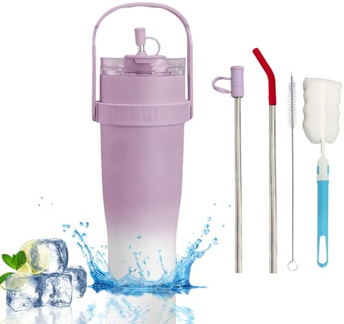 Gobelet isotherme avec anse et paille, 1200 ml, portable, à emporter, pour café, tasse à café, tasse de voiture, pour boissons froides et chaudes (violet blanc)