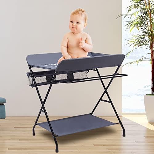 Tragbar Baby Wickelkombi, klappbare Wickelkommode, 3 Fächer Mobiler Wickeltisch, mit Wickelauflage, Sicherheitsgurt und Ablagefächern, platzsparend & stabil, Tragfähigkeit 15kg, Grau (Radlos)