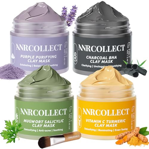 ANRCOLLECT Face Masks Set for Women, 4Pack Clay Facial Mask, Charcoal, Vitamin C, Mugwort, Purple Clay Mask, Face Masks Skincare, Spa Facial Kits for Pore Cleansing and Refinning, 280G