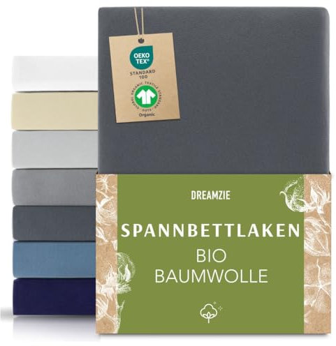 Dreamzie Premium Spannbettlaken 120x200 cm bis 130x200 cm Dunkelgrau, Spannbetttuch aus 100% Jersey Biobaumwolle, 150 g/m² - Oeko-TEX