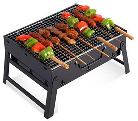 Tragbarer BBQ-Grill, Holzkohle, Edelstahl, Kleiner tragbarer Klappgrill zum Kochen im Freien, Camping, Wandern, Picknicks, Rucksackreisen, mit verchromtem Grillrost (schwarz)