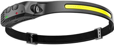 Rechargeable LED Head Torch with Motion Sensor, 230° Wide Beam COB Headlamp, 5 Light Modes, IPX4 Waterproof, Hands-Free Headlight for Running, Fishing, Camping, Hiking, Cycling, Work & Emergency