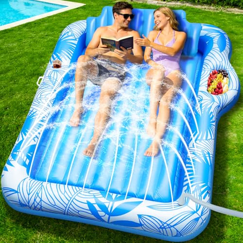 83 X 60 Inflatable Tanning Pool Lounger Float with Sprinkler, Extra Large Pool Float Adults with Pillow, 6 in 1 Suntan Tub Raft Floatie Toys with Drink Holder Sunbathing Water Filled Tanning Bed