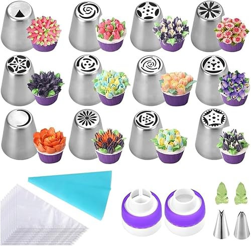 47 Decorazione Torte Russi Set - Punte Sac a Poche - Set di Punte per Tubazioni Russe - Kit per Torte - Set di Punte per Tubazioni Russe con Beccucci e Sacchetti Usa e Getta