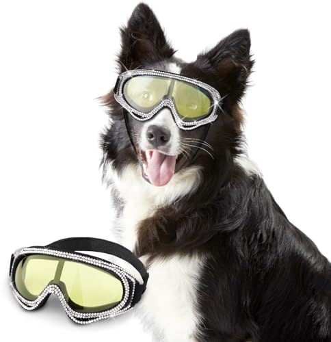 WOOFUU Pet Sunglasses for Dogs – UV Protection Glasses with Diamond Accents, Yellow-Reflective Lenses, Lightweight & Secure Fit (for Medium to Large Breeds)