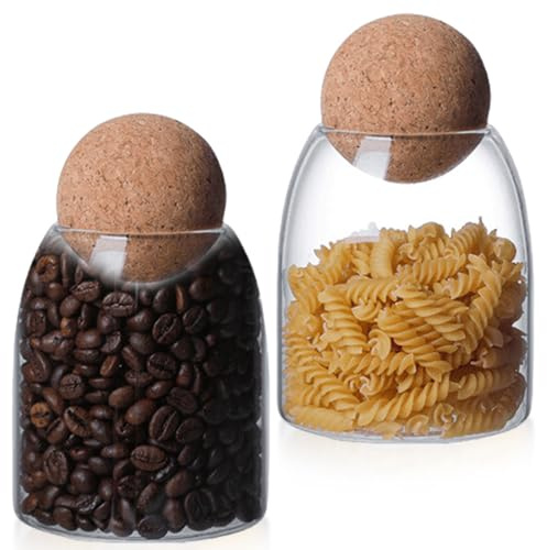 Glas Lebensmittel Vorratsglas mit Kugel Korkdeckel,2er Set Vorratsdosen Glas,Glasbehälter mit Deckel,Gläser mit Korkkugel,Klarglas Vorratsgläser mit Deckel für Tee,Kaffee,Gewürze,Bohnen (500ml)