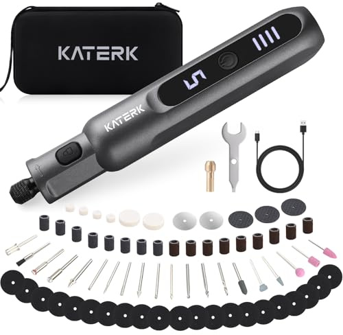 Katerk Kit di Utensile Multifunzione, 3.7V Utensile Rotante a 6 Marce, 20000 giri/min, 2500mAh, Strumenti Multifunzione con Luce LED e 70 Accessori per Foratura,Fresatura,Incisione,Lucidatura - Grigio