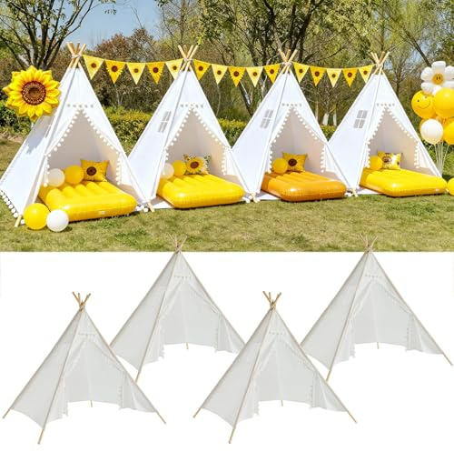 4 Pack Teepee Tent for Kids Slumber Party, Cotton Canvas Playhouse Sleepover Tent with Pompom for Girls & Boys Movie Night Holiday Party Supplies (White)